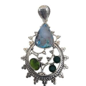 Chrysocolla and Green Quartz Pendant in Sterling Silver Artisan Jewelry Piece